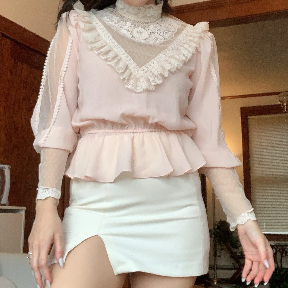 Vintage Blush Pink Blouse with Cream Details and Trim | S